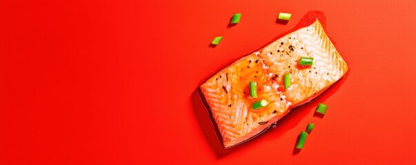A vibrant piece of salmon garnished with green onions on a bold red background, showcasing freshness and culinary appeal.