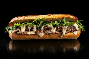 A delicious sandwich filled with tender meat, fresh greens, and melted cheese, served on a toasted baguette against a dark background.