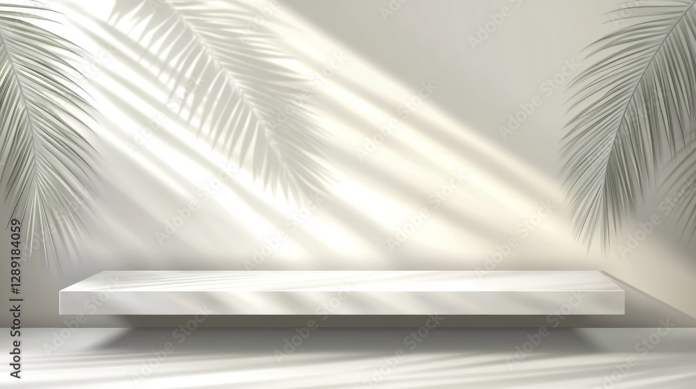 Poster a soft, blurred shadow from palm leaves is cast on a light cream wall, creating a minimalistic and b