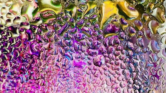 Close-up of water drops on metal surface in high resolution showing condensation of water droplets on metal surface. Intricate patterns and different sized water droplets create a beautiful abstract