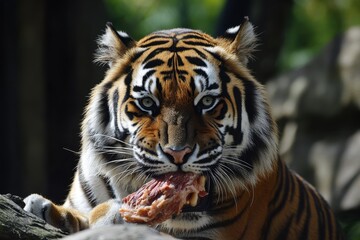 Fototapeta premium Ferocious Tiger Feasting on Prey: A Glimpse into Nature's Wild Majesty
