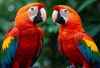 Fototapeta premium Two vibrant macaws perched together, showcasing their colorful feathers in a lush green environment