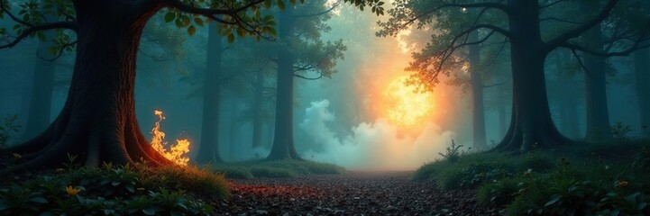 Fototapeta premium An ethereal mist rises from the heart of an ancient, mystical forest as flames dance among the trees, mystical, ancient