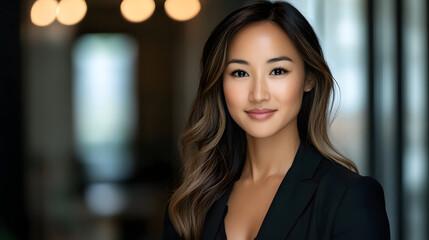 Obraz premium Elegant corporate headshot of professional woman in office setting portrait photography modern environment confident viewpoint