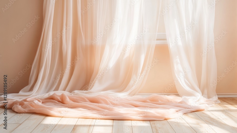 Aufkleber an empty room features a backlit window adorned with delicate beige-pink translucent curtains, accom