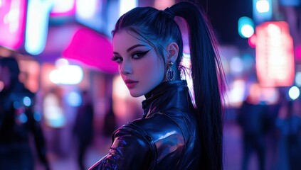 Cyberpunk Fashion: A Nighttime Portrait of a Woman in Neon-Lit City