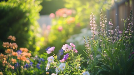 Fototapeta premium Beautiful english garden with flowers in bloom in the sun colorful