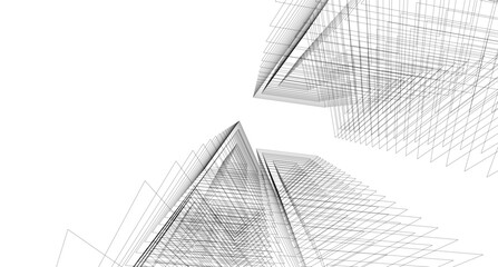 Abstract Geometric Architecture. Futuristic Minimalist Structures with Wireframe and Mesh © Svitlana