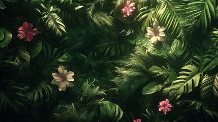 Lush Tropical Foliage with Vibrant Flowers and Green Textures