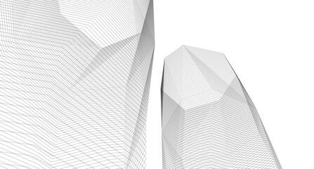 Abstract Geometric Architecture. Futuristic Minimalist Structures with Wireframe and Mesh