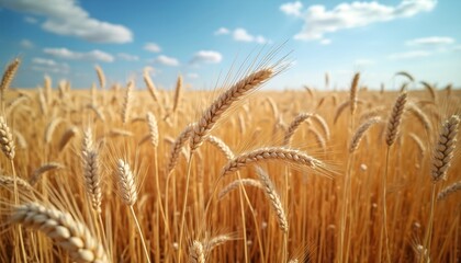 Golden wheat crop ready for harvest under clear blue sky. Ripe grain farmland view, warm color tones. Agrarian scenic landscape, Australian farmstead, food source for agriculture industry.