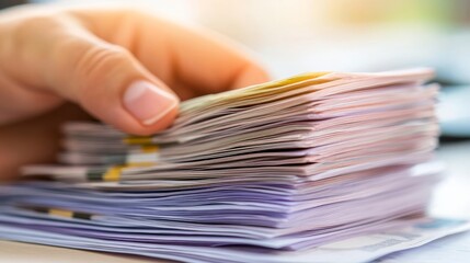 Hand Holding Stacks of Colorful Currency on Office Table