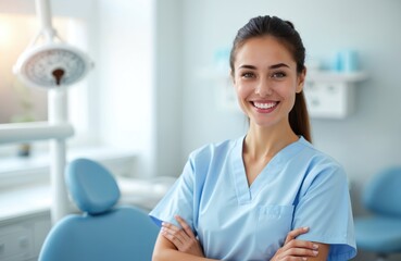 Portrait of happy smiling young female dentist in clinic office. Attractive woman doctor in uniform. Dental treatment, oral care, healthy teeth concept. Stomatology, hygiene in hospital background.