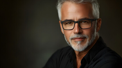 Elegant studio headshot of mature male professional indoor photography soft diffused lighting portrait editorial style