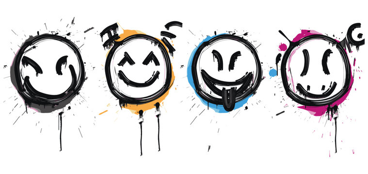 Graffiti-style vector smiley faces with spray paint effect on transparent background, urban art, street style, emoticon, grunge, hip-hop, doodle, hand-drawn, artistic expression
