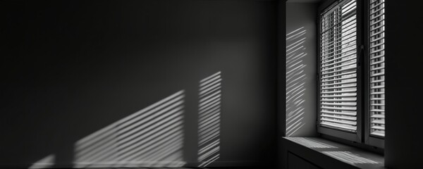 Indoor shot of window with aluminium blinds casting shadows on wall. Modern home decor, sunlight through louver stripes. Abstract interior design with horizontal lines pattern, texture. Monochrome