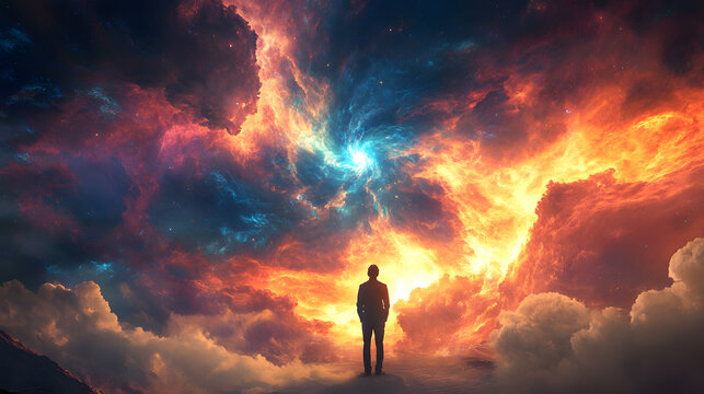 Enlightening dialogue among thought leaders cosmic landscape digital art surreal atmosphere inspirational viewpoint