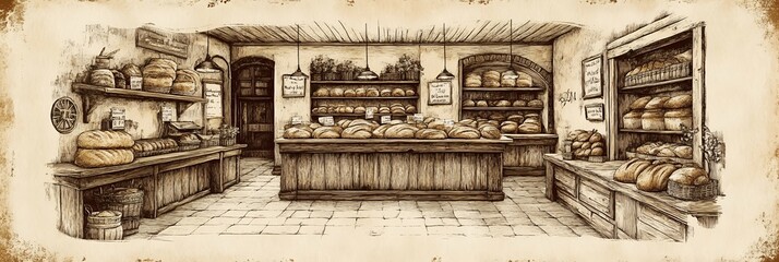 A rustic bakery brimming with freshly baked sourdough. Wooden shelves overflow with loaves, creating a warm, inviting atmosphere. Perfect for National Sourdough Bread Day!