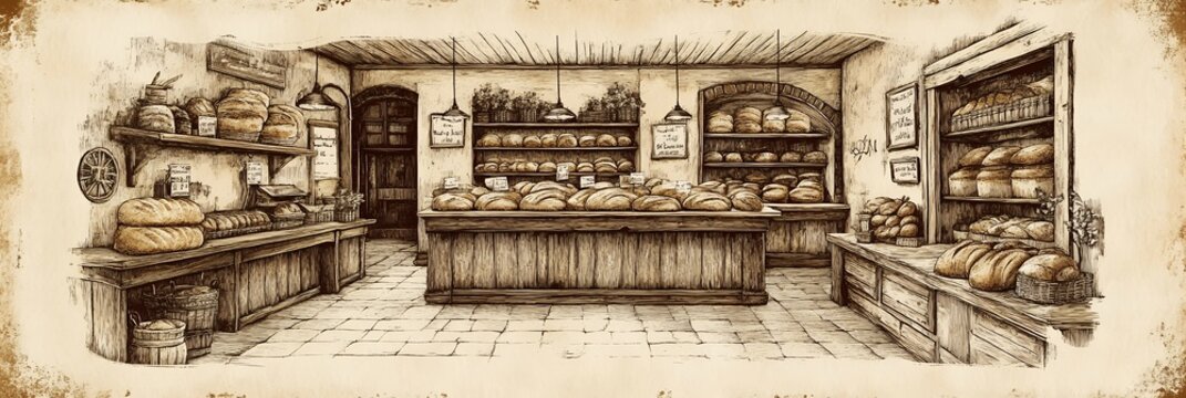 A rustic bakery brimming with freshly baked sourdough. Wooden shelves overflow with loaves, creating a warm, inviting atmosphere. Perfect for National Sourdough Bread Day!