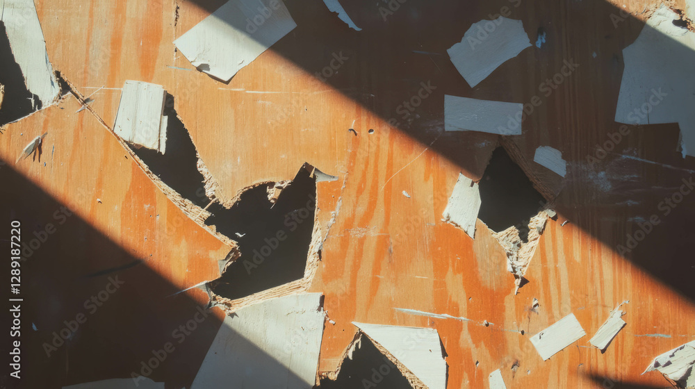 Poster textured surface of damaged plywood with cracks and splinters in sunlight for design projects