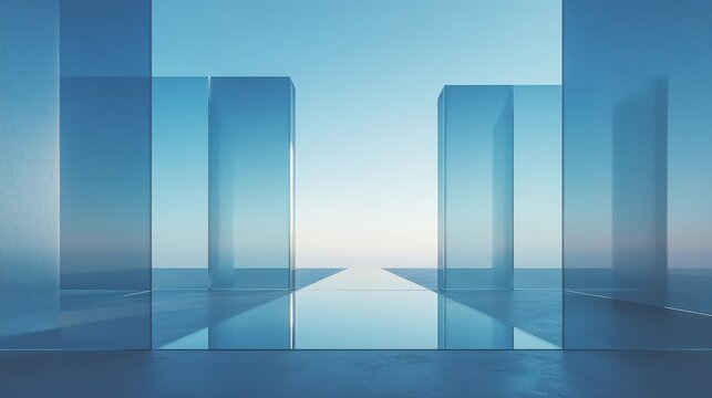 A blue sky with a reflection of buildings in a glass structure