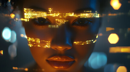 Futuristic digital identity portrait urban setting artistic photography neon environment close-up glowing concept