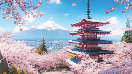 Pink cherry blossoms and Japanese style pagoda