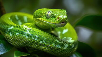 Fototapeta premium Enigmatic Green Viper. A Striking Snake Camouflaged Amongst Nature's Lush Greens