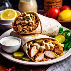 Shawarma wraps stuffed with juicy chicken, pickles, and tahini sauce 2