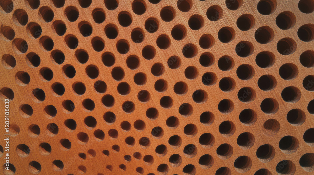 Poster textured surface with densely packed holes on smooth wooden panel for design and architecture