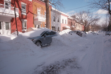 Snow-covered cars parked in a street
