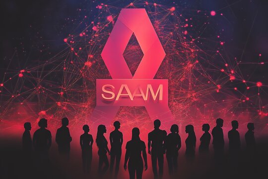 A diverse group of young adults stand together, silhouetted against a vibrant red ribbon symbolizing SAAM Day of Action. The event promotes awareness and action against sexual assault