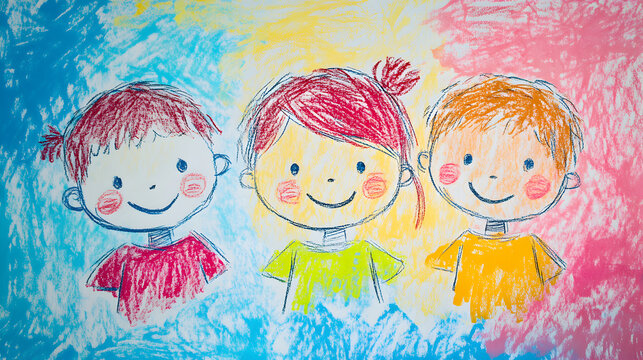 un dibujo hecho de lapices de colores o crayones de tres ni&ntilde;os peque&ntilde;os felices y divertidos celebracion del dia del ni&ntilde;o 