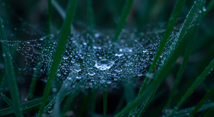 A delicate spider web, adorned with sparkling raindrops, is suspended between lush green blades of grass. Morning light reflects off the droplets, creating an atmosphere of freshness and tranquility.