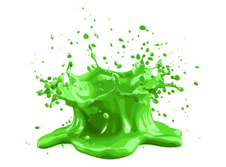 Green slime splash, vector paint liquid, isolated on transparent background, dripping goo, slime effect, glossy green ink splash, viscous paint drop, fluid splatter, messy spill,