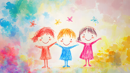 un fondo colorido pintado en acuarela alegre y divertido con el dibujo de niños felices disfrutando del festejo del dia del niño