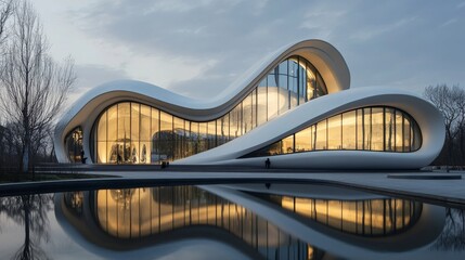 Modern Architectural Design with Curved Structure and Reflection