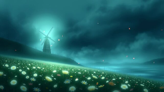 Mystical windmill field at night