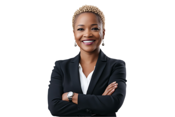 Confident businesswoman with arms crossed, smiling.