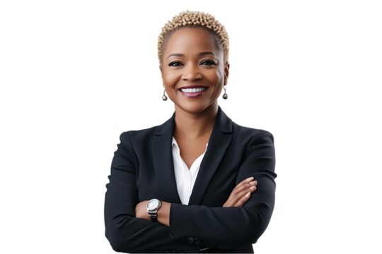 Confident businesswoman with arms crossed, smiling.