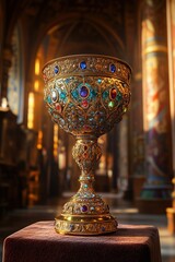 An ornate golden chalice adorned with colorful gemstones stands in a grand cathedral, radiating an aura of sacred elegance and historical significance