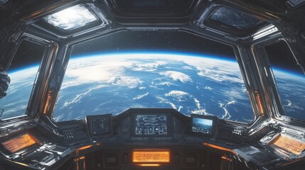 A spaceship with two orange seats and a blue control panel