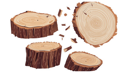Vector tree trunk cross section group, flying wood rings, isolated on white background, nature texture, annual rings, tree growth pattern, botanical illustration, timber cut,