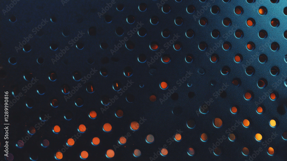 Poster Abstract pattern of irregular circular holes on dark metal surface with orange glow for modern design