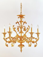 Elegant Gold Chandelier Adorned with Decorative Shades and Glass Accents Against a Crisp White Backdrop