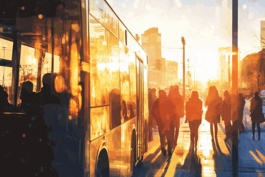 Commuters walking near a bus at sunset in a modern city