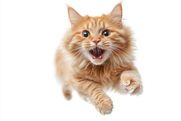 Obraz premium A fluffy orange cat in mid leap with its mouth open as if meowing or surprised set against a white background