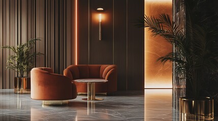 A luxurious hotel lobby with modern furnishings and ambient lighting.
