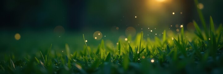 Obraz premium A few fireflies begin to twinkle in the fading green grass, natural wonder, twinkling lights, soft glow