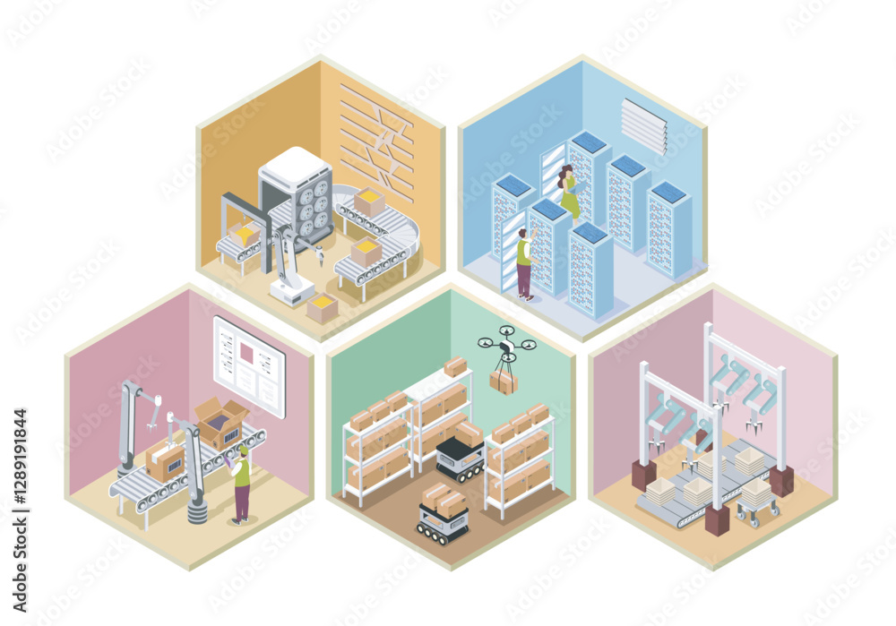Poster Automated industry 3d isometric rooms concept in isometry graphic design for web. People working in conveyor lines with robotic arms on packing boxes, controlling at server racks. Vector illustration.